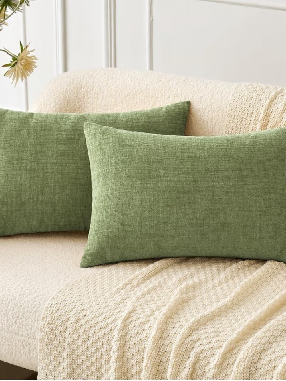 Sage Green Chenille-Lumbar Pillow Covers 12 X 20 Set Of 2